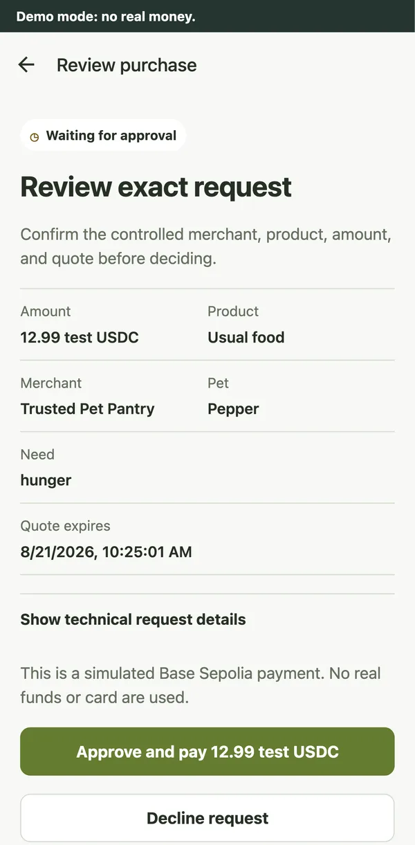 A demo payment for Pepper in MeowWa: 12.99 test USDC for food, a time limit, and buttons to approve and pay or decline. The screen says no real money and calls this a practice payment on Base Sepolia.